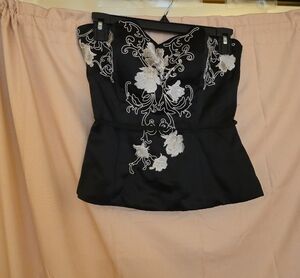 White House Black Market Black Camisole with Cream Floral Embroidery